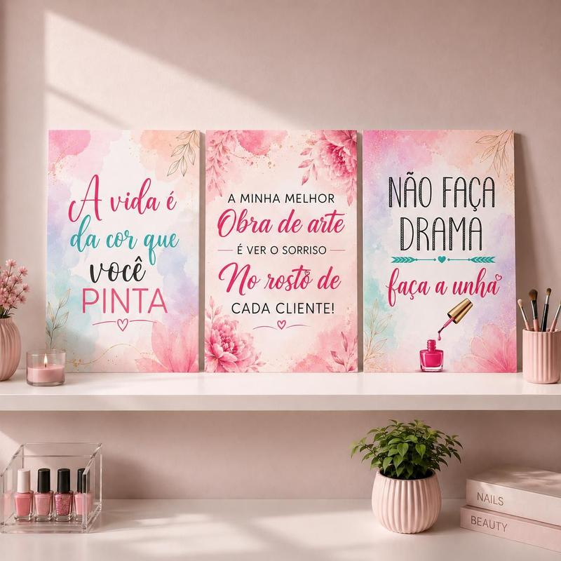 Kit 3 Placas Decorativas Manicure MDF 20x30cm Sem Moldura